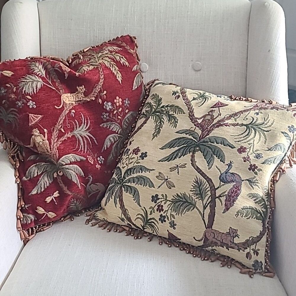 Set 2 Pillows Tapestry Tropical Island Jungle Palm Monkey Peacock Tiger Beaded